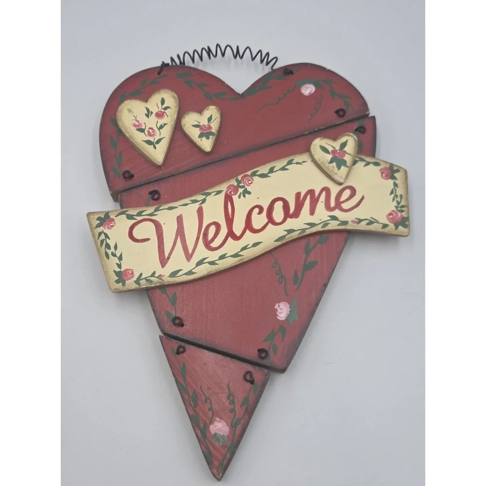 Wooden Heart Shaped WELCOME Sign w/Pink Roses  Cottagecore Country Folk Art